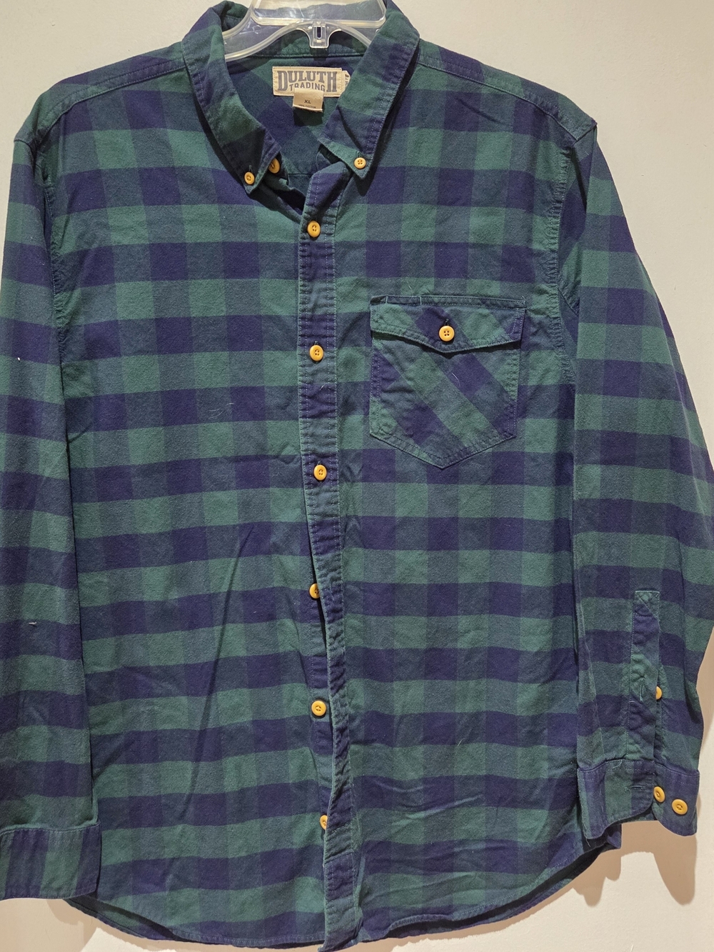 Duluth Trading Co Green and Navy Plaid Button-Up Shirt